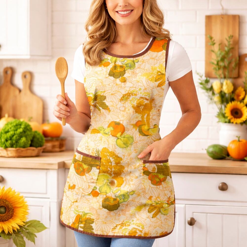 Vintage 1970s Harvest Vegetable Print Bib Apron Gold Green Orange Retro Kitchen